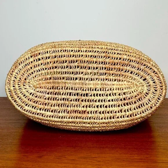 Vintage Leather Handled Handwoven Moroccan Basket Tote